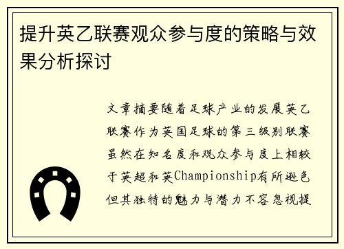 提升英乙联赛观众参与度的策略与效果分析探讨