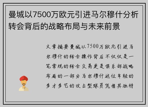 曼城以7500万欧元引进马尔穆什分析转会背后的战略布局与未来前景