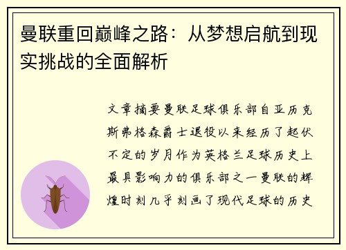 曼联重回巅峰之路：从梦想启航到现实挑战的全面解析