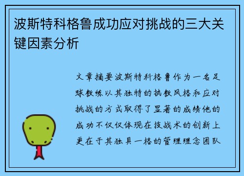 波斯特科格鲁成功应对挑战的三大关键因素分析