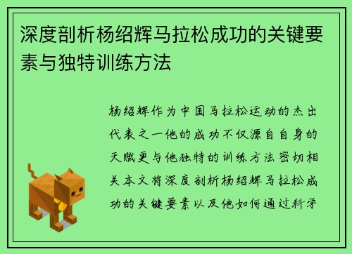 深度剖析杨绍辉马拉松成功的关键要素与独特训练方法